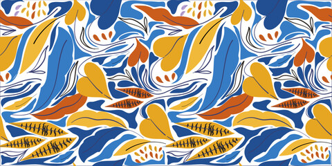 Naklejka premium Ilustrated Foliage With flood of color Seamless Pattern. Trendy Pattern for fabric, wallpaper, print and much more. 