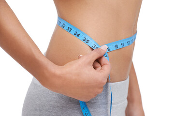 Looking great. Studio shot of a woman measuring her waistline.