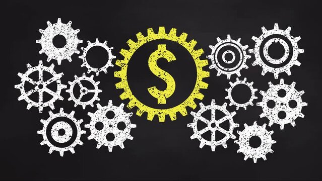 Business gear mechanism concept on blackboard. Yellow dollar sign icon