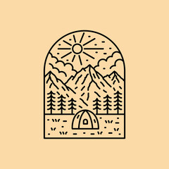 Nature camp mountain wildlife in mono line art, for t-shirt, sticker, badge, etc