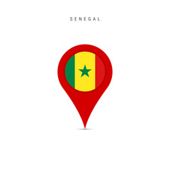 Teardrop map marker with flag of Senegal. Senegalese flag inserted in the location map pin. Flat vector illustration isolated on white background.
