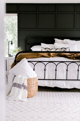 modern farmhouse bed in bedroom with pillows