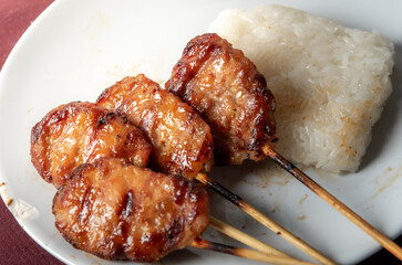 Street Food Asian Grilled Pork Skewers with Sticky Rice Moo Ping