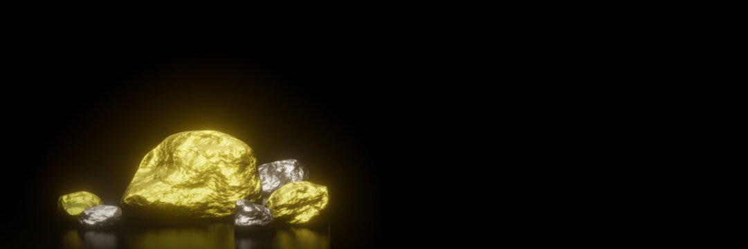3D pure gold and silver nuggets on black background.
