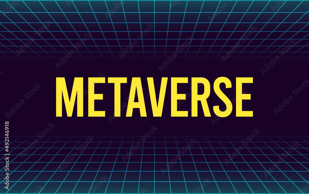 Poster metaverse text on glow neon wireframe grid banner background template.