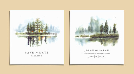 Watercolor wedding invitation with reflection of pine trees in lake - obrazy, fototapety, plakaty