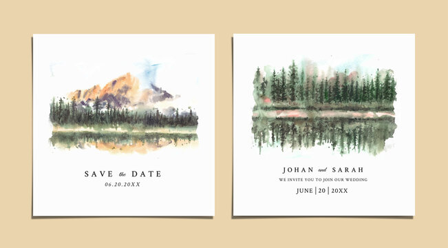 Watercolor wedding invitation with reflection of pine trees and mountain in lake