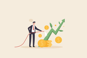 A businessman waters a small plant shaped like a growth graph. Investment growth or business grow up, make profit in stock market or earning growth concept