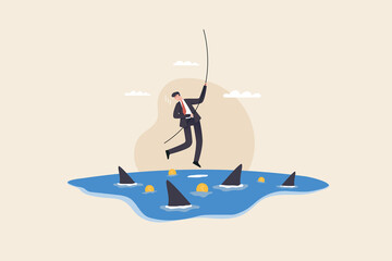 businessman hangs on for dear life from a rope as he swings above a group of circling sharks in the ocean. Risk taker, challenge to success, overcome difficulty or problem in crisis.