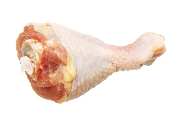raw chicken leg on white.