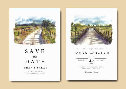 Wedding invitation of nature landscape with road and fence watercolor
