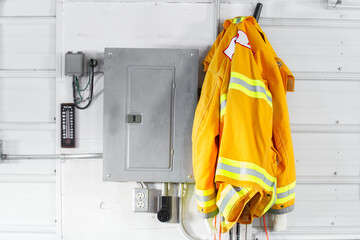 A yellow adult firefighters coat hanging beside an electrical box on a tin wall