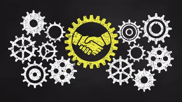 Business gear mechanism concept on blackboard. Blue handshake icon.