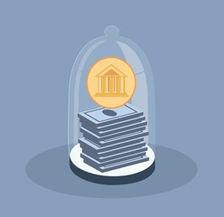 vector hand drawn illustration in flat style on the theme of saving money. a stack of banknotes and a coin under a large glass jar