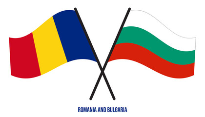 Romania and Bulgaria Flags Crossed And Waving Flat Style. Official Proportion. Correct Colors.