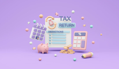 3D Rendering of tax return form document paper with money elements concept of tax duty on background. 3D render illustration cartoon style.