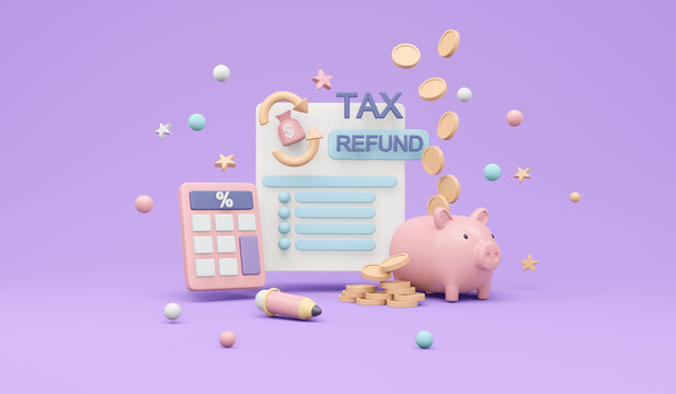 3D Rendering of tax return form document paper with money elements concept of tax duty on background. 3D render illustration cartoon style.