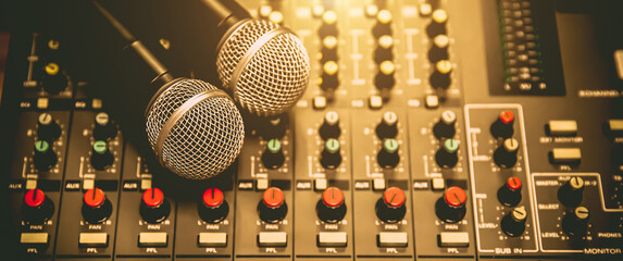 Close-up microphone and sound mixer in studio for sound record control system and audio equipment and music instrument