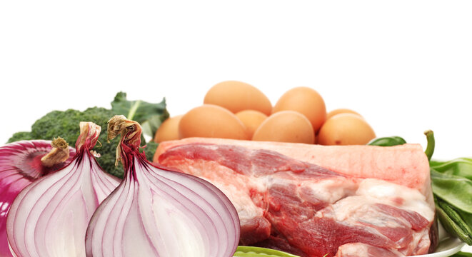 Fresh meat and Vegetables on white background