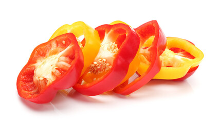 red and yellow sliced bell pepper on white.