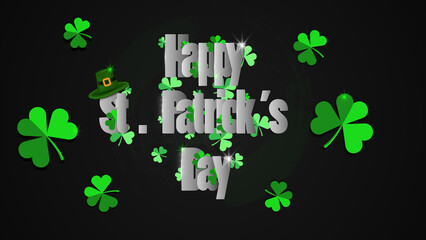 Happy St Patrick's Day holiday concept. Abstract Background with Green Flying Clovers Leaves  and backdrop black color vector illustration.