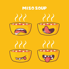 Miso soup cartoon. japanese cuisine vector illustration. with different mouth expressions