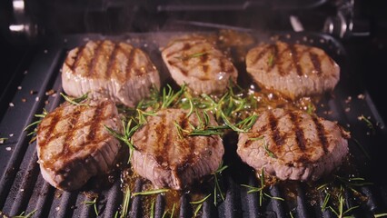 Delicious juicy meat steak cooking on grill. Aged prime rare roast grilling tenderloin fresh marble tenderness beef. Prime beef fry on electric roaster, rosemary, black pepper, salt. Slow motion.