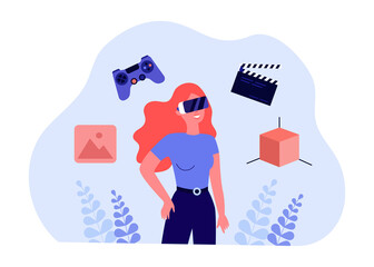 Virtual games and work of female user in VR glasses. Woman with flying joystick, clapperboard, 3d figure flat vector illustration. AR, experience concept for banner, website design or landing web page