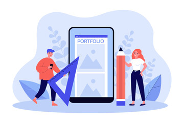 Process of online portfolio creation by artists. Tiny man and woman creating content with tools flat vector illustration. Service, art project concept for banner, website design or landing web page