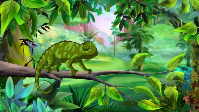 Animated Chameleon in the jungle changes its color