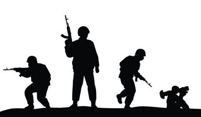 Soldiers troop with rifle gun in war silhouette vector, illustration for your background design, military man in the battle. - obrazy, fototapety, plakaty