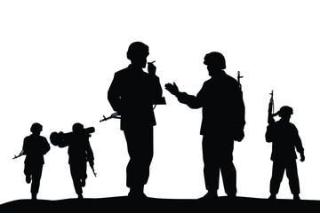 Soldiers troop with rifle gun in war silhouette vector, illustration for your background design, military man in the battle.