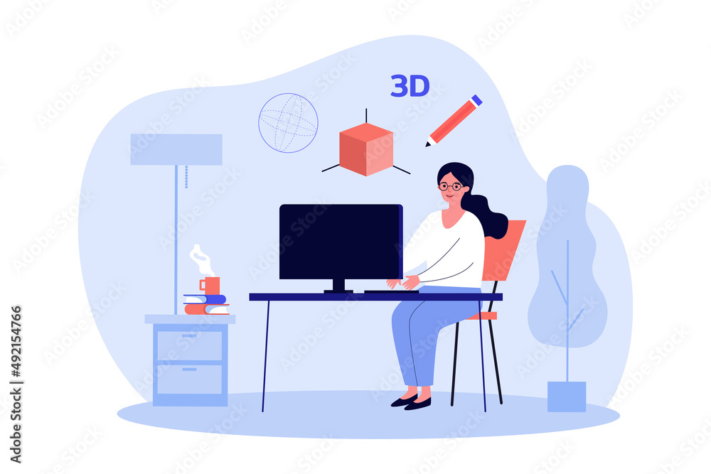 Wall mural art creation process of 3d graphic digital design by designer. woman working on project at computer 