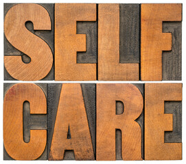 self care - isolated word abstract in vintage letterpress wood type - mental, emotional, and physical health concept