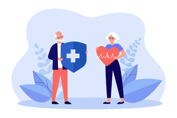 Elderly couple holding protection shield and heart. Healthcare and insurance for tiny old man and woman flat vector illustration. Medicine concept for banner, website design or landing web page