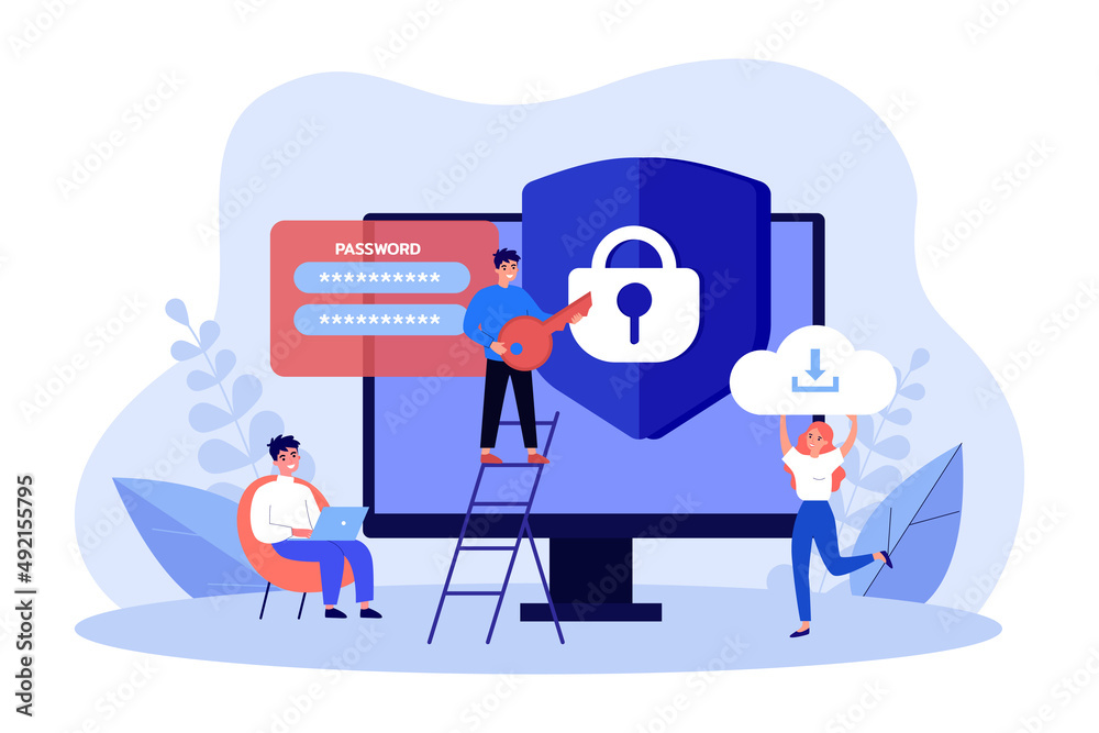Wall mural people protecting private information with antivirus software. tiny man with key to lock on safe shi