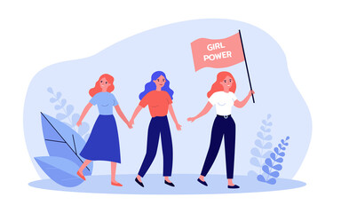 Female activists marching with flag in parade together. Womens protest against inequality flat vector illustration. Girls power, activism concept for banner, website design or landing web page