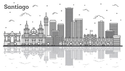 Obraz premium Outline Santiago Chile City Skyline with Modern Buildings and Reflections Isolated on White.