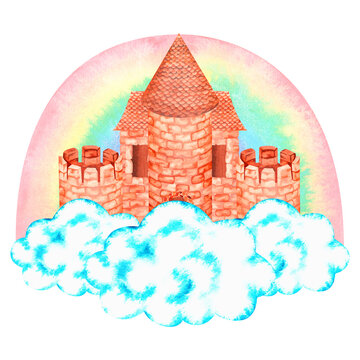 Castle in the clouds. Watercolor illustration. Isolated on a white background. For design