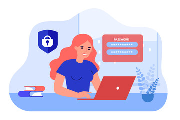 Obraz premium Woman protecting data privacy with password. Safe online work of business person with laptop flat vector illustration. Security, authentication concept for banner, website design or landing web page