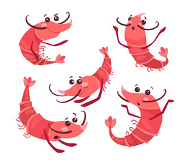 Cute shrimps with pretty faces cartoon illustration set. Happy, frightened and surprised pink prawn characters in different poses isolated in white background. Marine animal, seafood, ocean concept