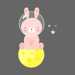 Cute rabbit in the moon. Cartoon style. Vector illustration. For kids stuff, card, posters, banners, children books, printing on the pack, printing on clothes, fabric, wallpaper, textile or dishes.