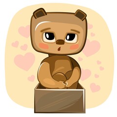 Cute kid Bear in a cardboard box. Kind kid animal as gift. Illustration for children. Isolated on white background. On abstract background with hearts. Childish naive Teddy baby. Young cub. Vector