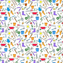 Seamless pattern on the theme of the garden , planting and growing harvest, a simple colored icons  on white background