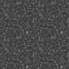 Seamless pattern on the theme of the garden , planting and growing harvest, a simple contour icons , light contour on a dark background