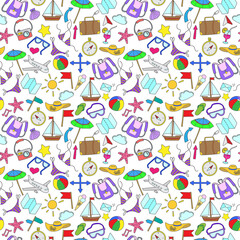 Seamless background with simple hand-drawn color icons on the theme of summer and vacation color icons on light background
