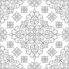 1Seamless pattern with abstract dark contour patterns and flowers on a white background