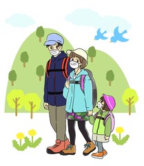 マスクをしてハイキングをする家族