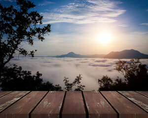Empty old wooden shelf floor with light mist in morning sunrise on the mountain. for montage of yourproduct