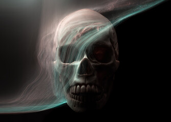 Mockup of a human skull on a black background with lines of light
